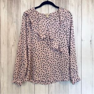 Loft Pink and Black Patterned Faux Wrap Ruffle Blouse Size XS